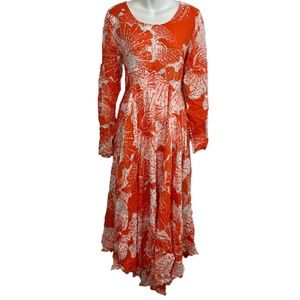FREE PEOPLE FIRST KISS Orange Long Sleeve Floral Maxi Full Skirt Dress sz Small